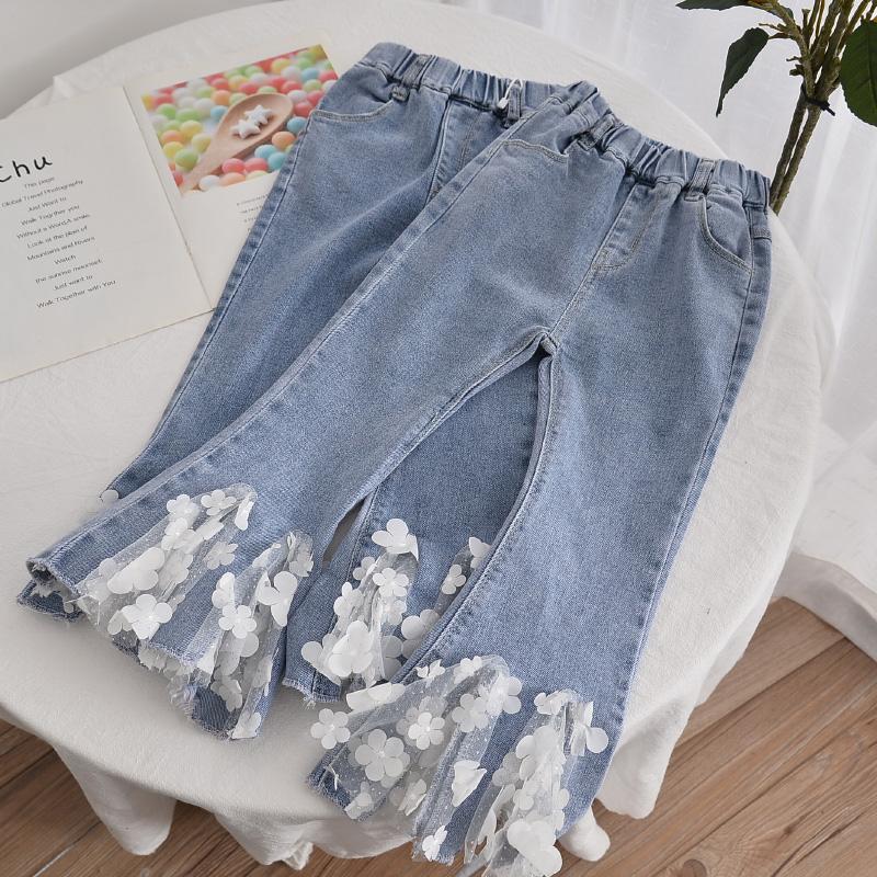 Pantalones vaqueros para niña de 3 a 12 años, pantalón acampanado, ropa de primavera, pantalón informal, pantalón largo de perlas para bebé