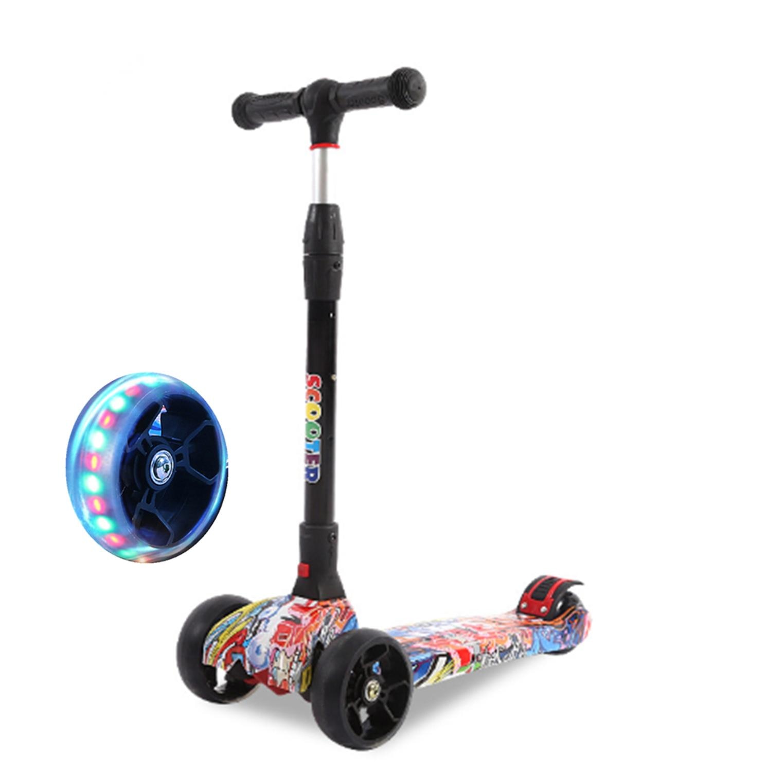 Scootere til børn 3 hjul t-bar justerbar ridespark scootere foldbar led pu blinkende med graffiti træningsbalance for børn