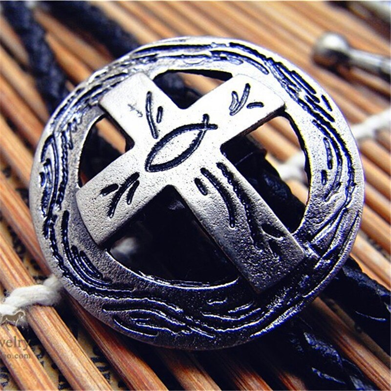 Bolo Tie Retro Overhemd Keten Poirot Led Touw Leer Cirkel Kruis Ketting Lange Tie Hang