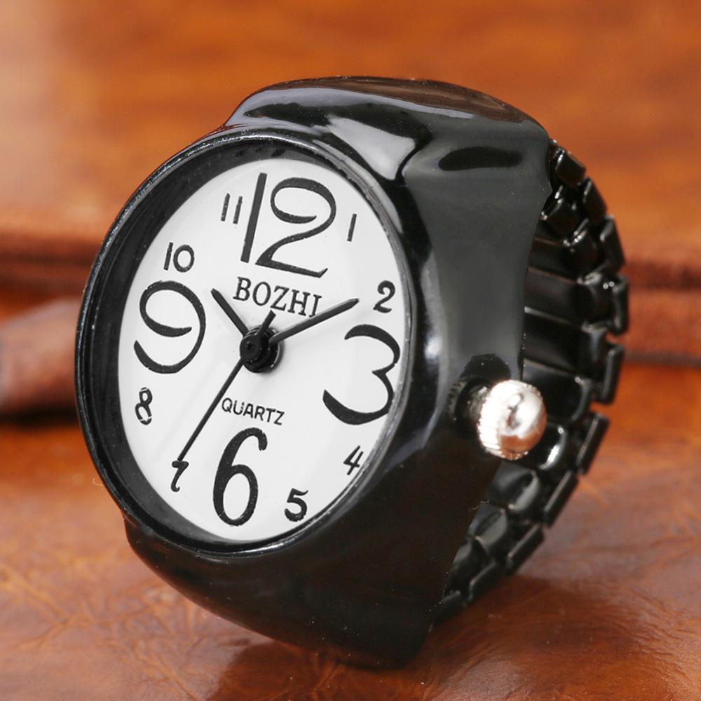 Levendige Snoep Kleur Grote Cijfers Mini Vinger Ring Horloge Elastische Band Quartz Horloge Vinger Ring Horloges Staal Ronde Elastische Horloge: black