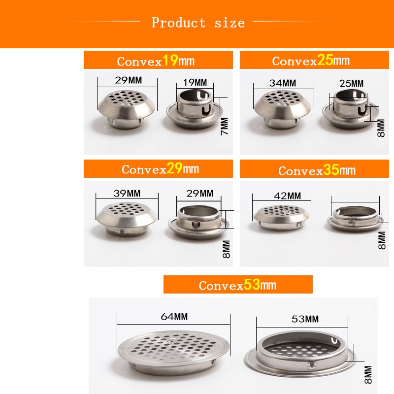 1pcs Dia.19mm/25mm/29mm/35mm/53mm Cabinet Air Vent Louver Mesh Hole round Stainless Steel Flat surface Convex surface