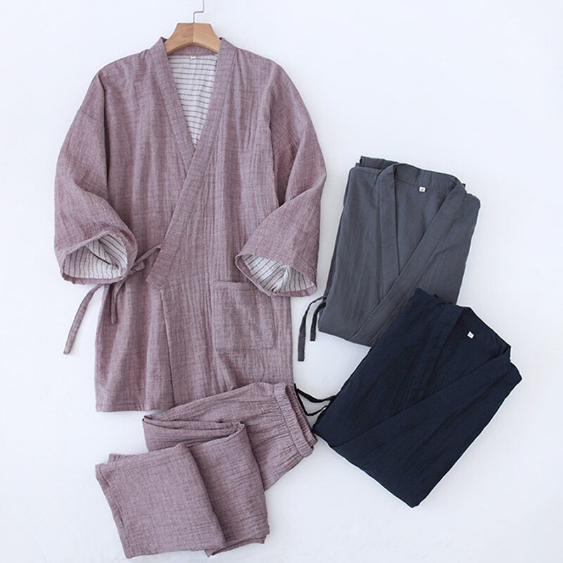 XIFER-Pijama de estilo japonés para hombre, Kimono de algodón para otoño e invierno, cárdigan de gasa de algodón, pantalones de manga de 7 puntos, Color sólido, Hanfu