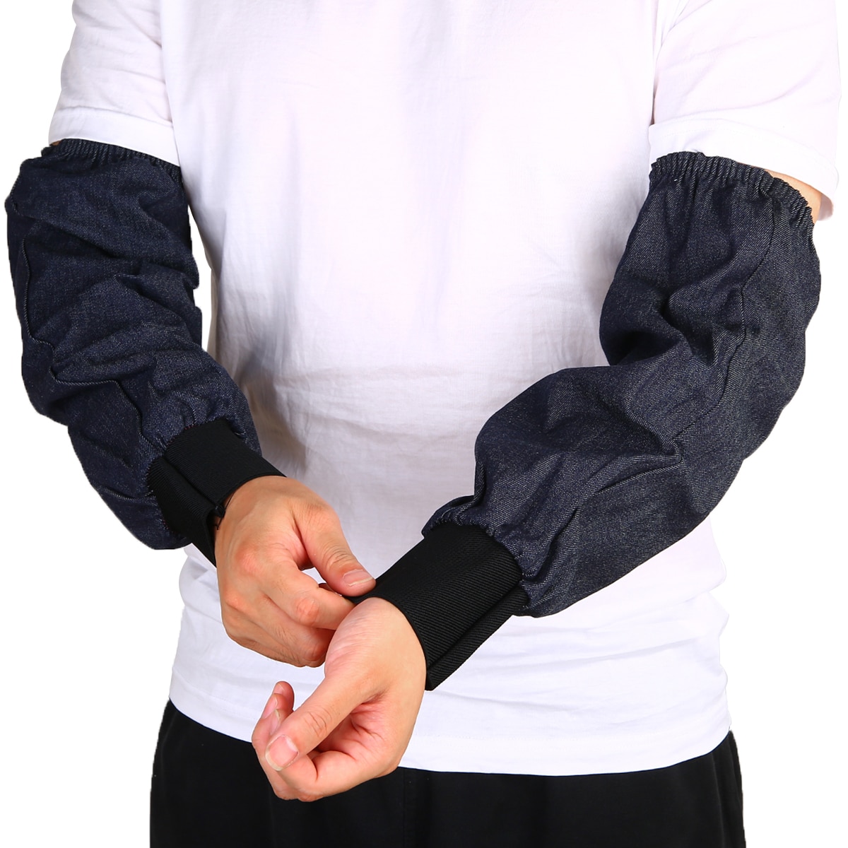 1 par svejsebeskyttelses ærmer denim blå svejsning forlænger arm ærmer denim arbejder skærebestandig varmebeskyttende