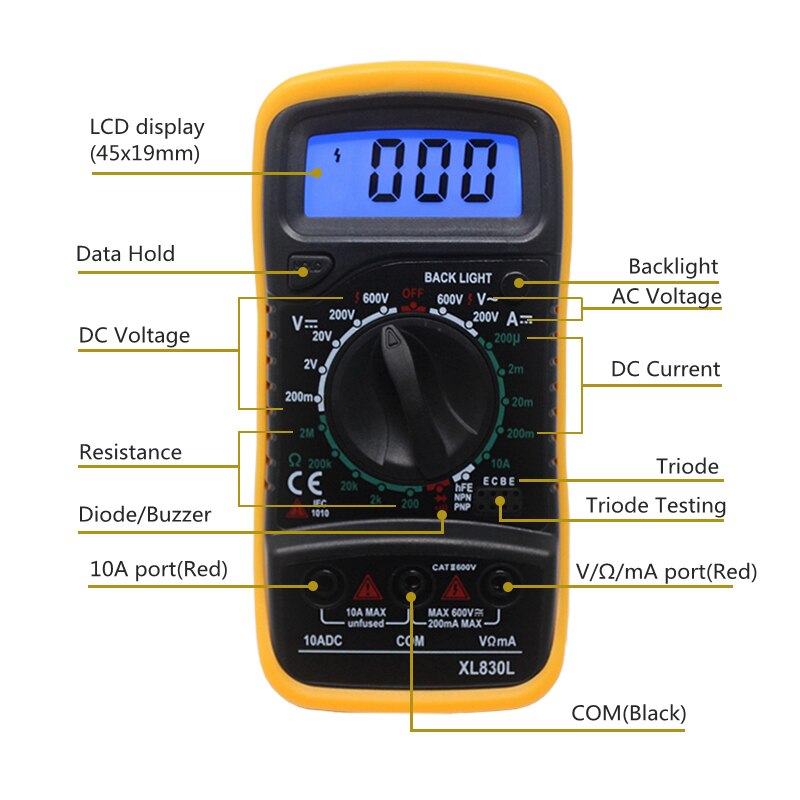 xl830l digital multimeter XL830L Handheld LCD Multimetro Backlight AC/DC Ammeter Voltmeter XL830L Voltage Tester Ammeter