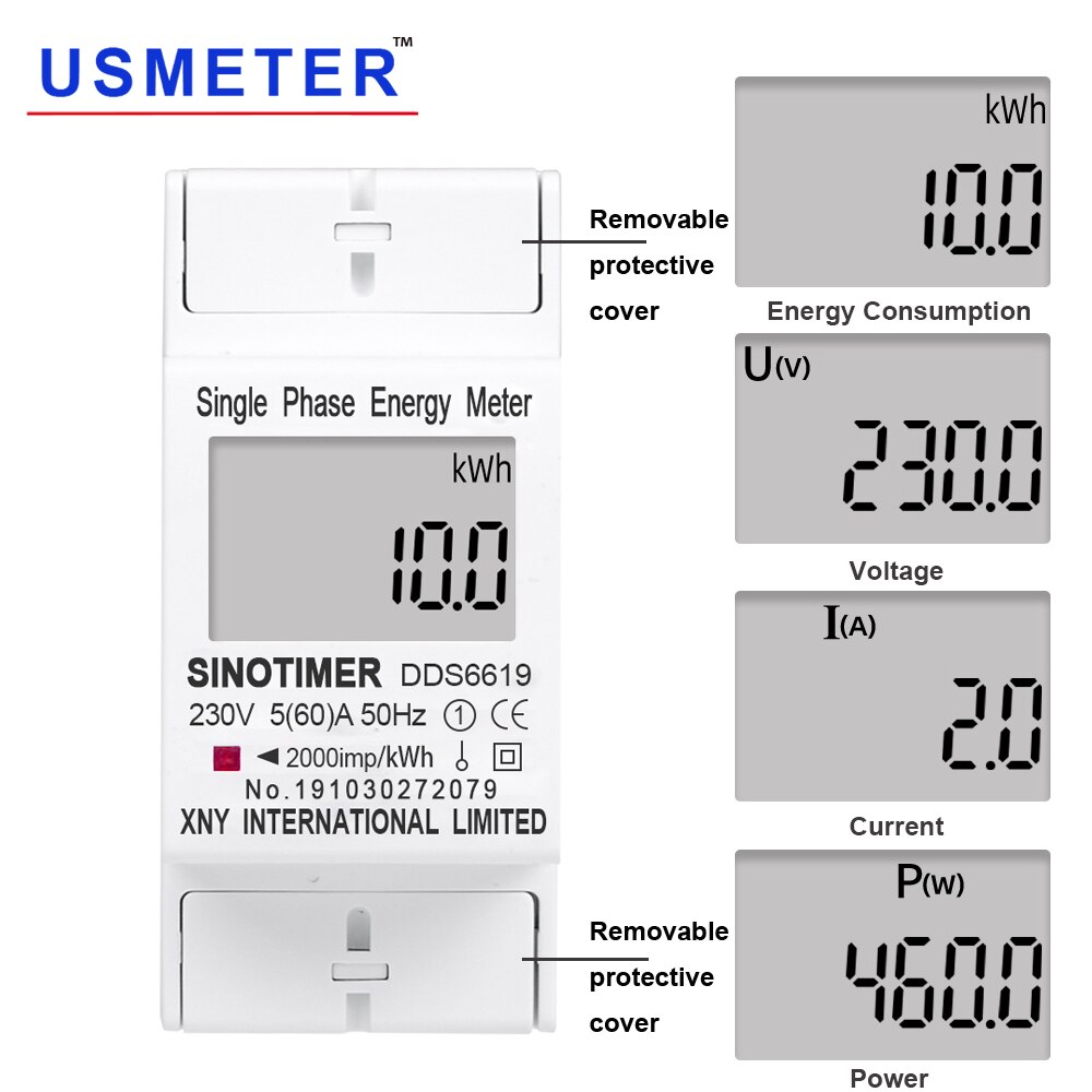 Nyt udseende 60a 230v ac digitalt strømforbrug kwh meter lcd-enkeltfase energimåler wattmeter med multifunktion: Uden baggrundslys