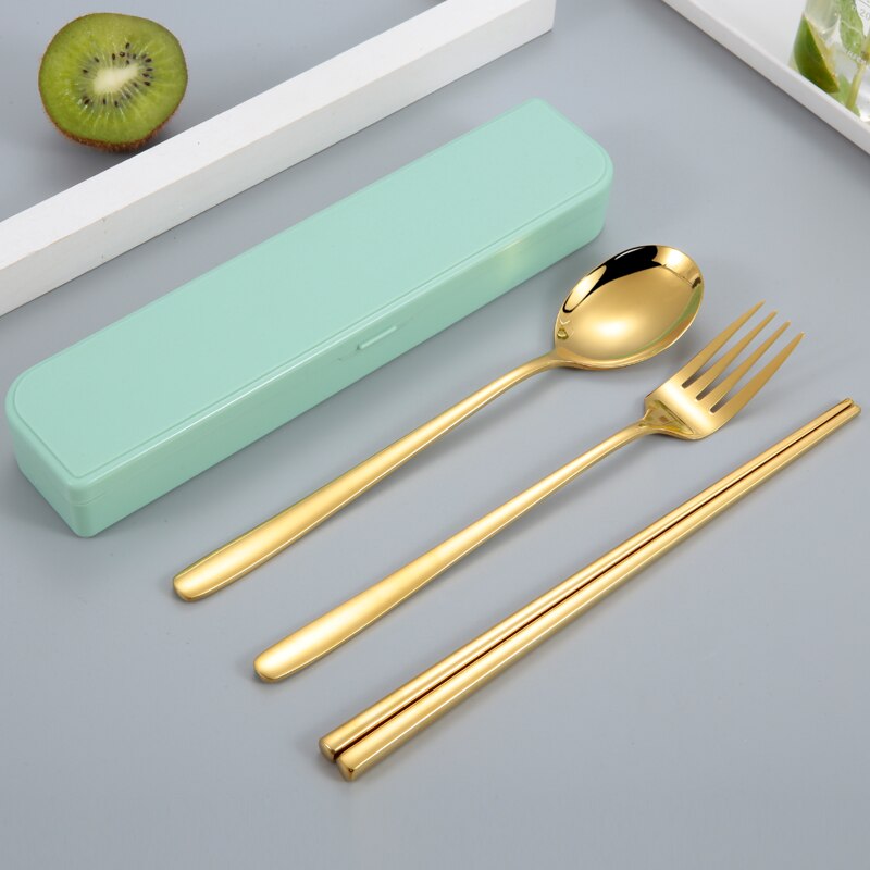304 ruostumatonta terästä korea astiasto lusikka syömäpuikot laatikko astiasto matka ruokailuvälinesarja kannettava astiasto: Vihreä 3 kpl