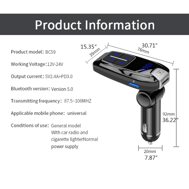 Bluetooth 5.0 Stereo MP3 Player Wireless Handsfree Car Kit Adapter Usb PD3.0