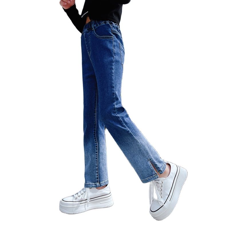 Pantalones vaqueros rectos para adolescentes, Jeans informales de cintura elástica, Color contrastante, azul, 10