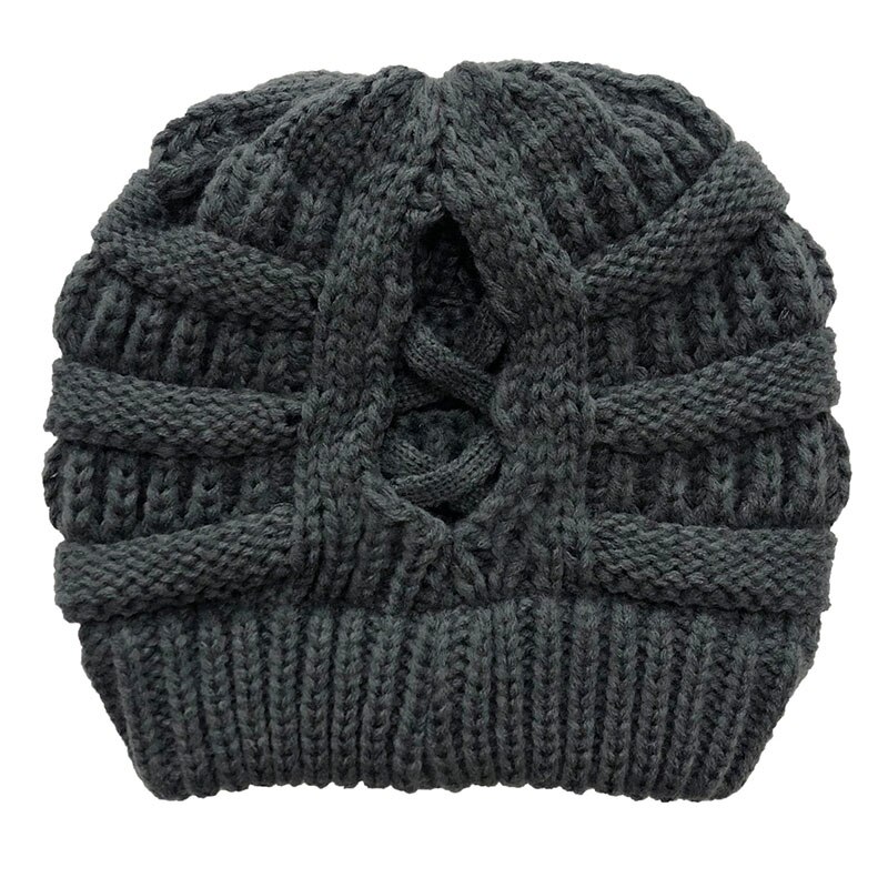 Volwassen Vrouwen Hoeden Wollen Gebreide Muts Herfst Winter Warm Skullcap Vrouwelijke Cross Paardenstaart Cap Skullies Mutsen: JY082-darkgray