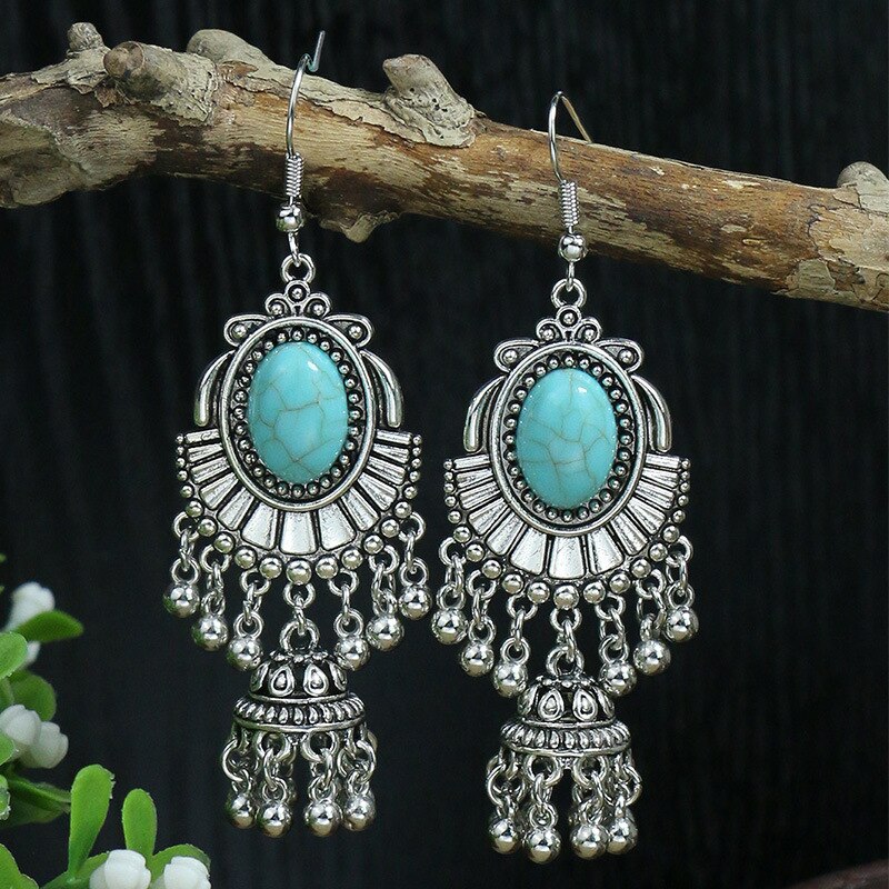 Vintage Bohemian Türkisen Verkrustete Ohrring für Frauen Kreative Silber Farbe Baum Blatt Vogel Glocken Geometrische Ohrringe Weiblichen Schmuck: 02