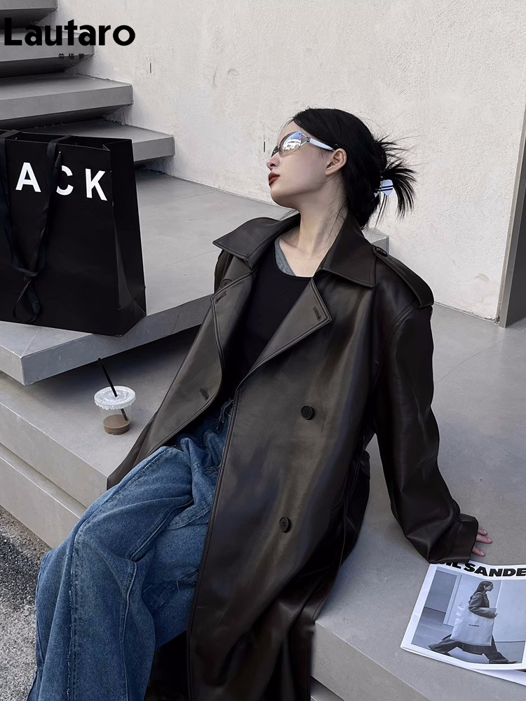 Lautaro-dames lange PU lederen trenchcoat, Europese en Amerikaanse catwalkmode, cool oversized, bruin, zwart, lente, herfst