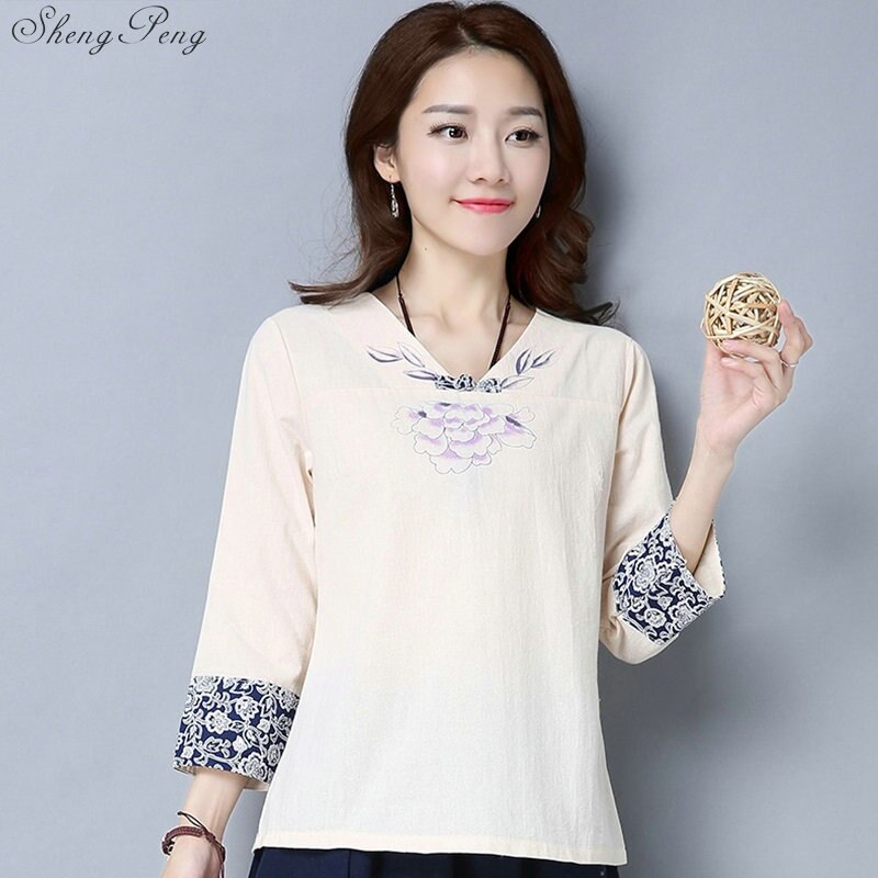 Camisas de lino y algodón de estilo chino vintage para mujer, blusa informal de uso diario con cuello redondo, bordado floral hanfu, V1810,: 1 / XXL