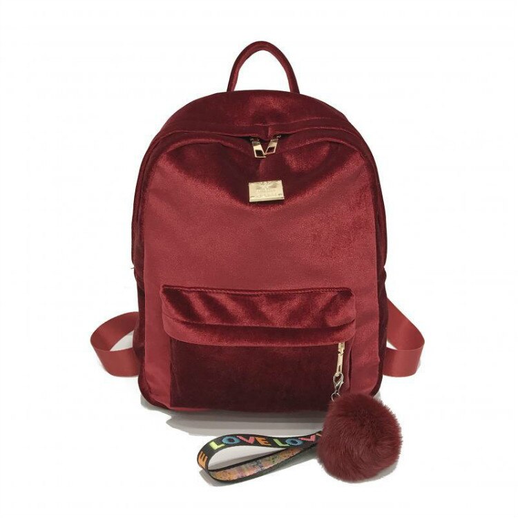 Women Backpack Velvet Ribbon Large School Bags for Teenage Girls Hairball College Backpack Bagpack Travel Bag Rucksack Mochila: Red