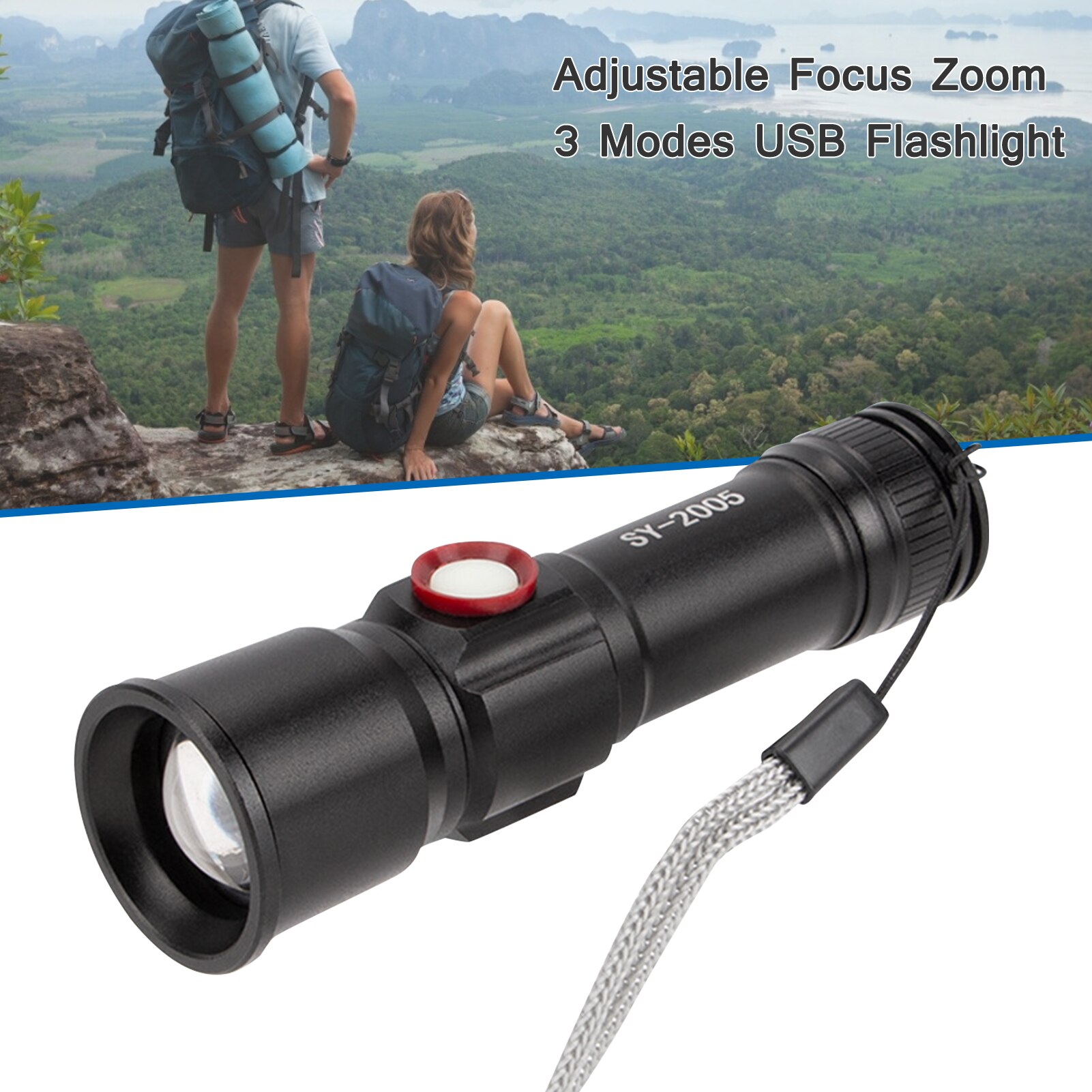 LED Flashlight Adjustable Focus Zoom 3 Modes USB Flashlight For Outdoor Camping