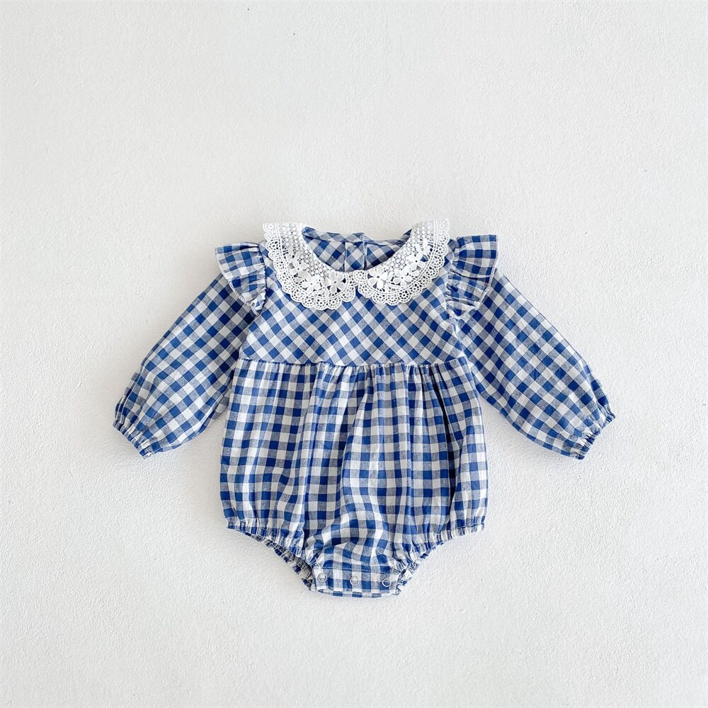Abbigliamento estivo per neonati neonato colletto per bambole in pizzo pagliaccetto moda Plaid pagliaccetto a maniche lunghe tuta in lino di cotone 0-2Y: 12-24M 90
