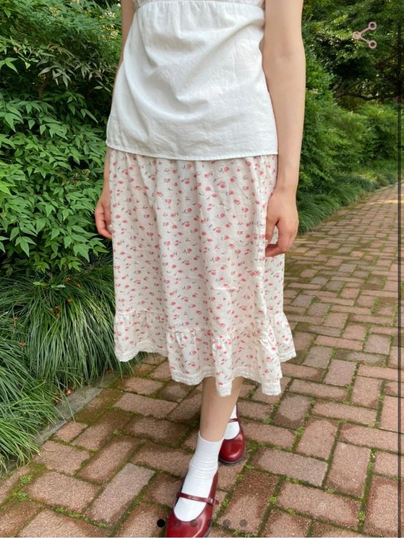 Røde blomstrede midi-nederdele kvinder sommer blondekant a-linje lange faldas kvindelige preppy stil all-match søde søde bomuldsnederdele  y2k