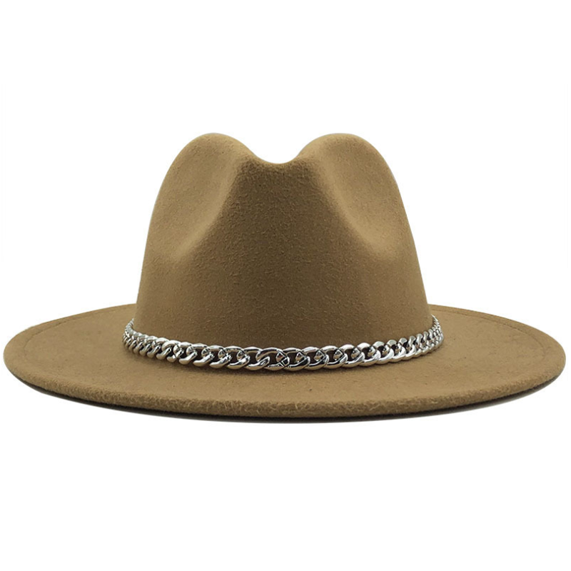 Fedora hat med bred kant rand lmitation uldfilt hatte med metal kæde indretning panama fedoras chapeau sombrero: 7