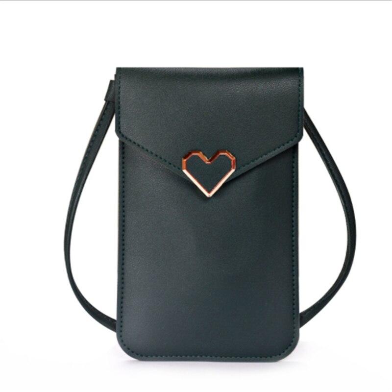 Cartera de bolsillo para exteriores para mujer, bolso cruzado decorativo con forma de corazón, pantalla táctil para teléfono móvil: green 2