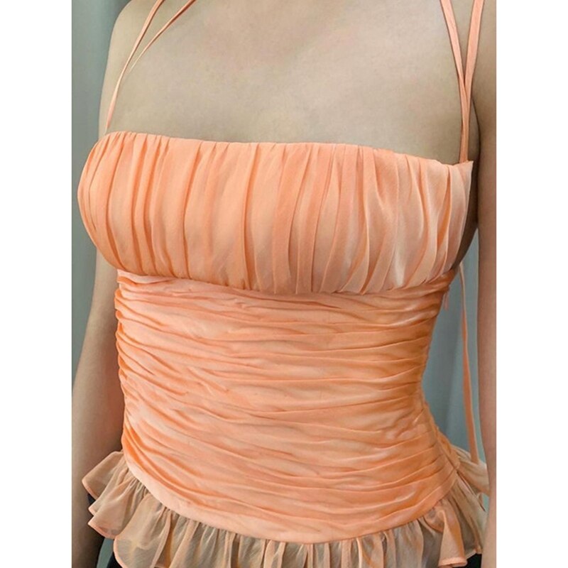 Uclio-Chaleco de malla de hojas de loto para mujer, chaleco femenino de un hombro, espalda abierta, cuello, naranja