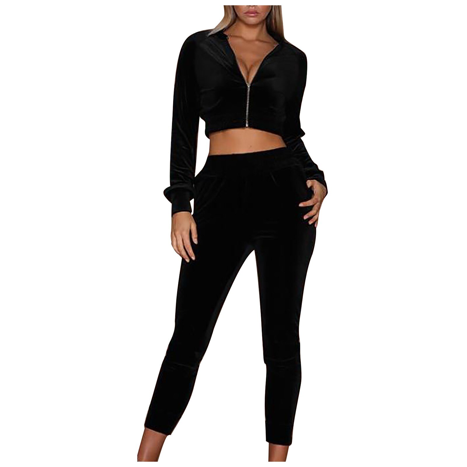 Women Down Lounge Wear Suit Sport Set Comfortable Zipper Long Sleeve Tops+pants Autumn Winter Women Tracksuit Two Piece Set @40: Black  / M