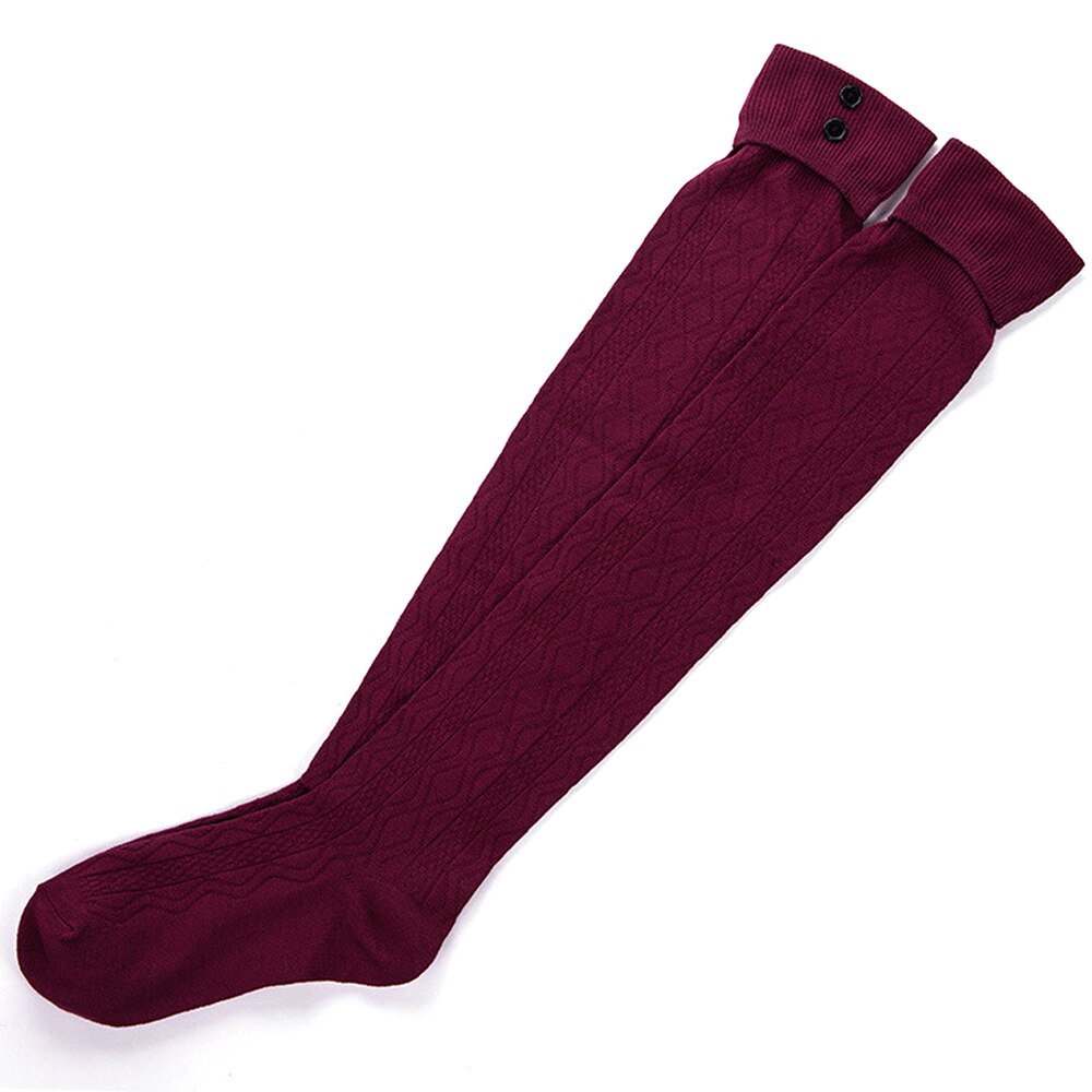 Winter Warm Stockings Women Solid Button Womens Over The Knee Socks Ladies Girls Stretchy Stockings: Wine Red