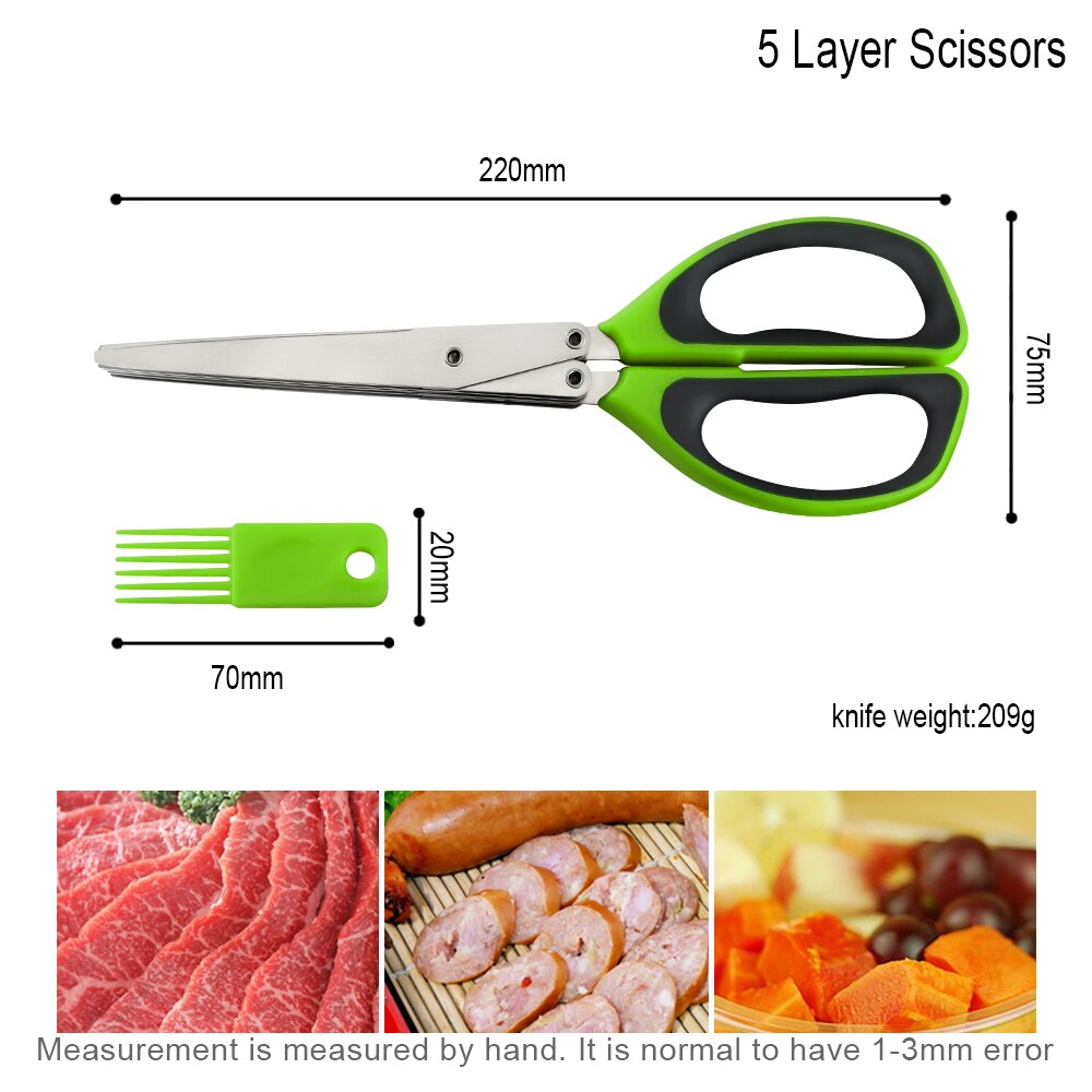 OWANZ Stainless Steel 5 Layers Scissors Multi-functional Kitchen Knife Shredded Scallion Cutting Fruit Vegetable Kitchen Scissor