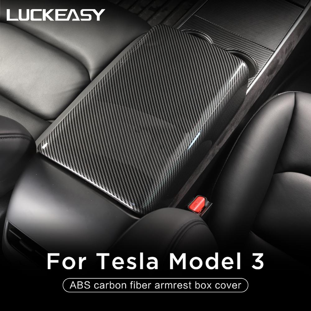 LUCKEASY Car Interior Accessories For tesla model 3 ABS carbon fiber armrest box cover