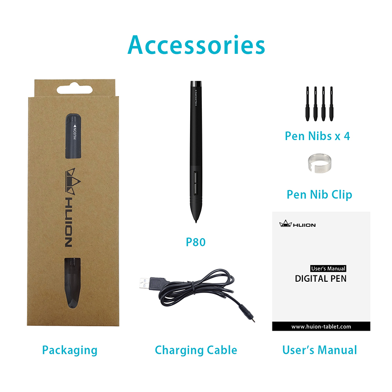 Huion P80 PEN80 stylet numérique Rechargeable pour tablettes de dessin graphiques professionnelles 420 H420 NEW1060PLUS WH1409(2048)