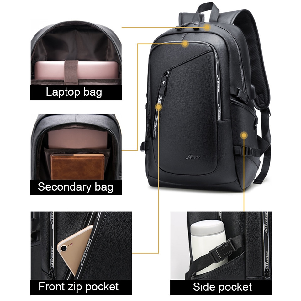 Laptop Backpack Large Men's Leather Backpack PU Waterproof Travel Business Backpack USB Charger Backpack Men's 15.6 Inch Men 002