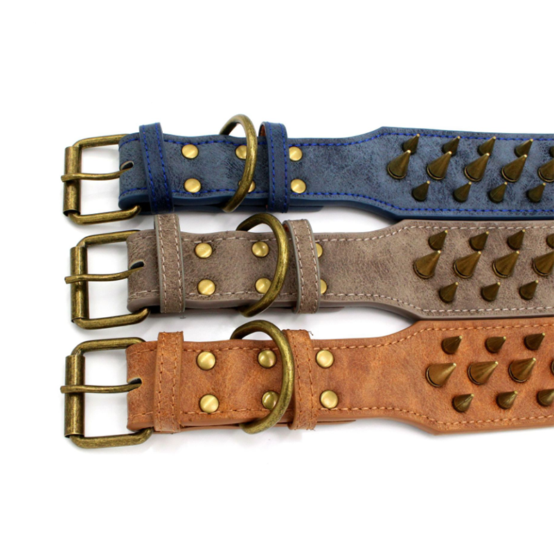 Anti-Bite Neck Large Dog Collar Sharp Nails PU Fashionable Adjustable Collar for Pit Bull Terrier Bully Dog Accessories