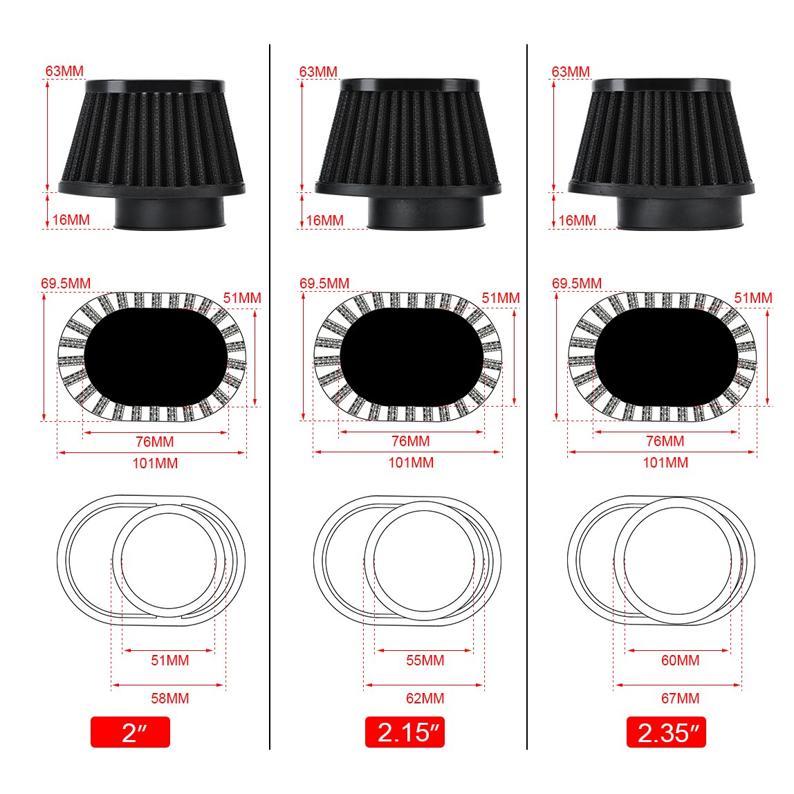 LZONE-filtre à Air moto 60mm 55mm 51mm universel pour voiture à moteur Minibike entrée d'air froid haut débit cône filtre JR-AIT32