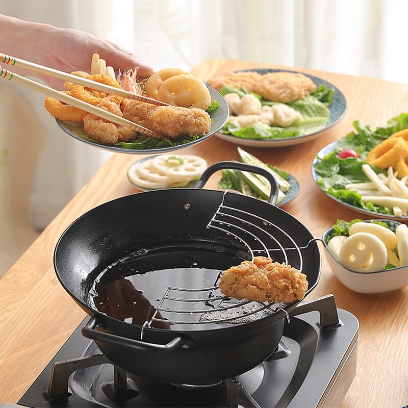 Easy Pour Non Stick Coating Tempura Fryer Pot with Oil Drip Drainer Rack Made in Japan Mini Deep Fry Pan