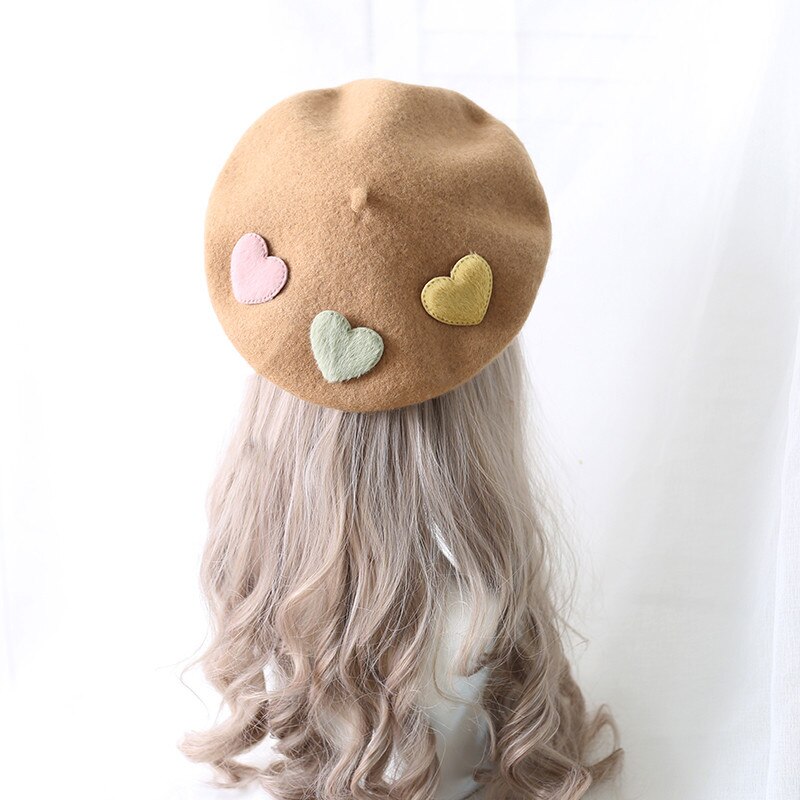 Boina bonita Kawaii Little love para niñas, gorros morados de Lolita dulce, boina de fieltro de lana hecha a mano para mujeres,: Multicolor