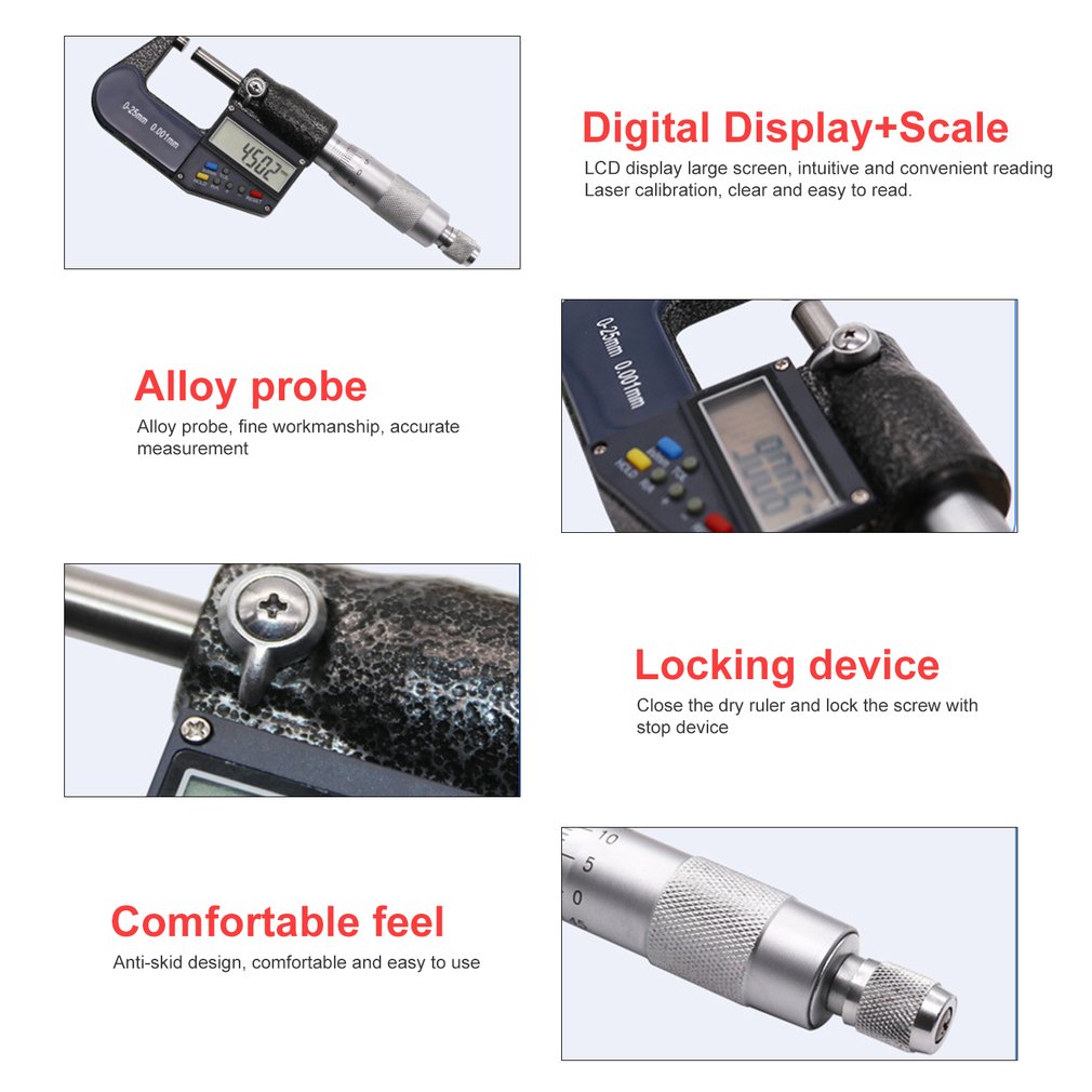 LCD Digital Outside Micrometer 0-25mm/0.001mm Electronic Gauge Vernier Caliper Meter 7 keys Carbide Tip Measuring Tools