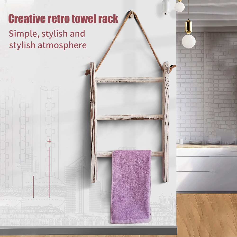 Mini escalera de almacenamiento de madera para baño y sala de estar, toallero Retro de 3 niveles con cuerda, decoración blanca para el hogar, dormitorio, colgador de pared