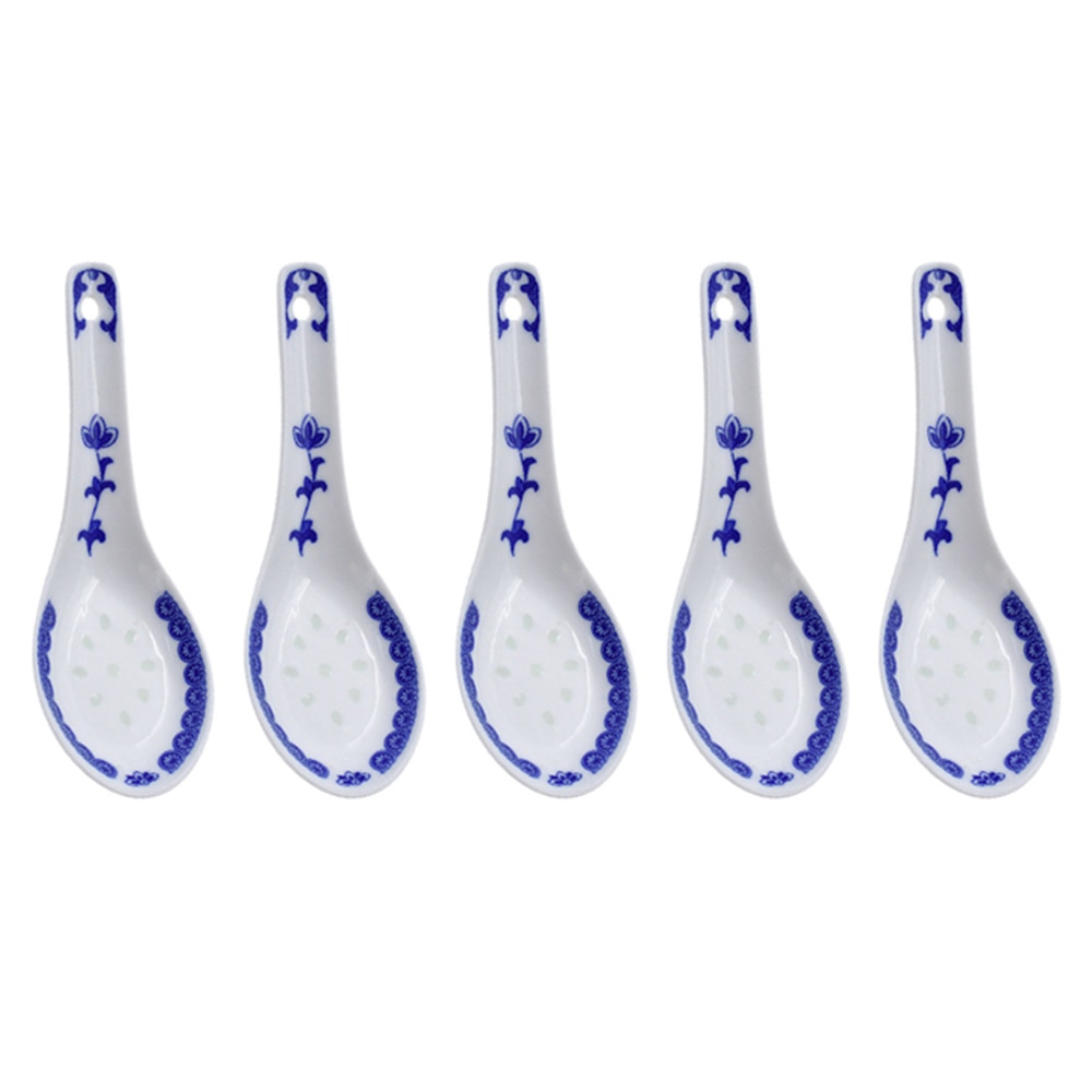 5pcs Chinese Style Ceramic Spoon Blue And White Porcelain Spoon Rice Scoop Spoons Kitchen Tableware