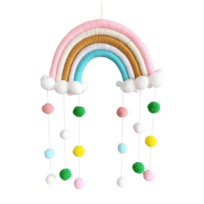 Färgglad regnbåge macrame vägghängande dekoration bomull tofs barnrum inredning boho barnkammare studenthem vävd pom pom boll prydnad: 08