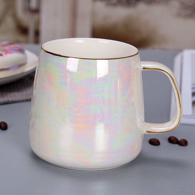 Pearl glaze gold handle mug coffee cup advanced mug rainbow glazed ceramic cup,simple Nordic teacup Drinkware