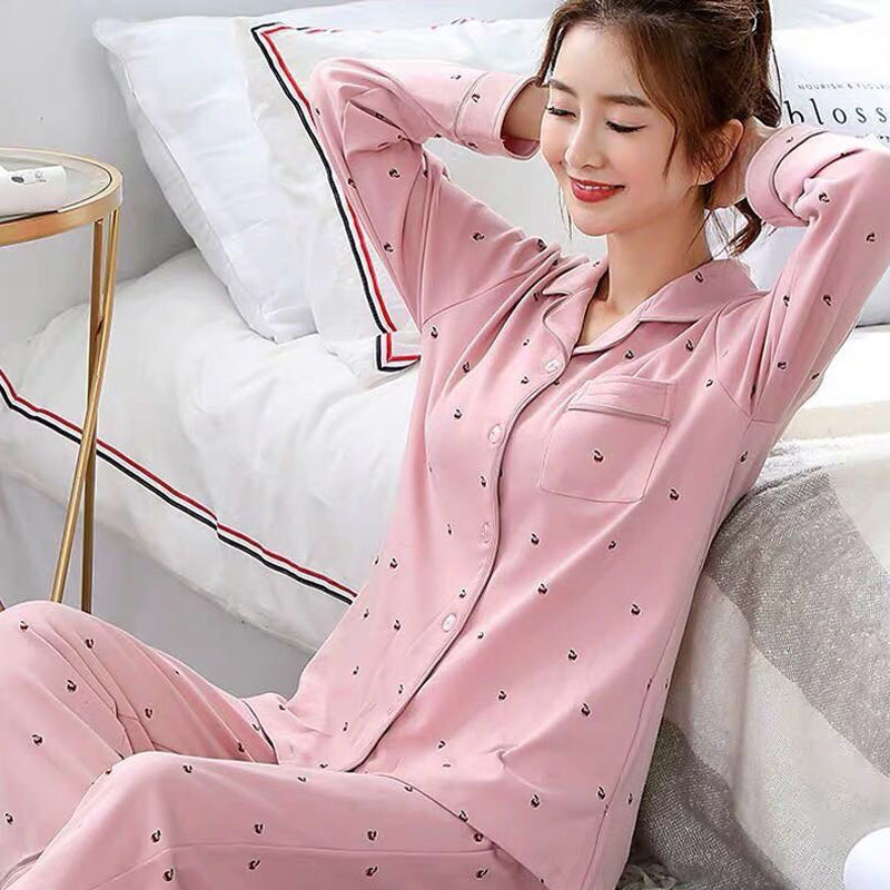 Women's Imitation Cotton Pyjamas Homewear Set Girls Spring and Autumn Pajamas Homewear Ladies Long-Sleeved Cardigan Homewear