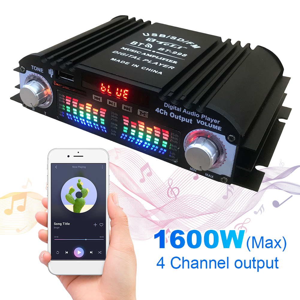 1600 W Spitzenleistung Digitaler 4-Kanal-Audioverstärker FM-Radio USB Bluetooth-kompatibel Mini HIFI Digitaler Stereoverstärker Fernbedienung