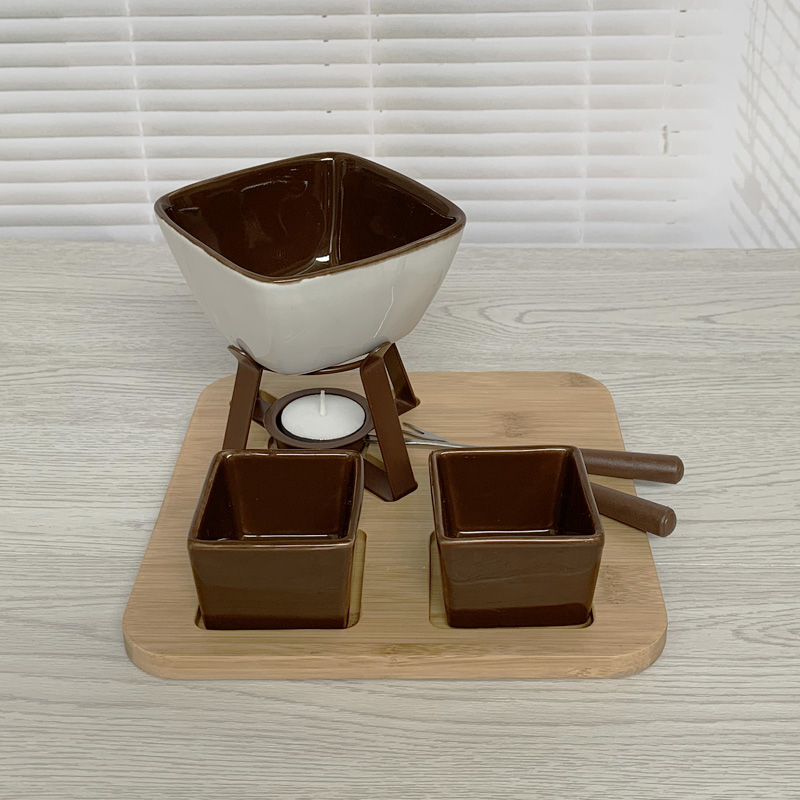 Fondue Pot Set, Glazed Ceramic Fondue Set for Chocolate Fondue or Cheese Fondue – Perfect Idea for Housewarming or Birthday