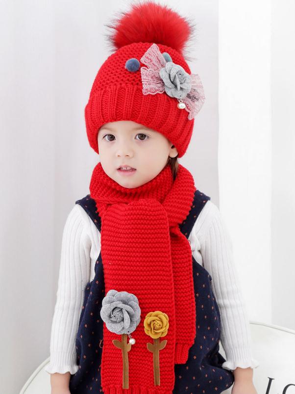 Doitbest flower children's winter hat beanies sets velvet wool kids boys Knit fur hats winter 2 pcs baby girl scarf set: Red