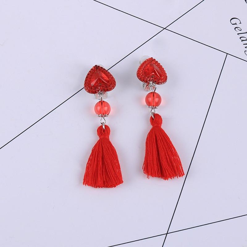 Style 7pairs/Set Cute Acrylic Tassel Clip on Earrings for Children's Girls Kids Party Lovely No Hole Ear Clip Jewelry