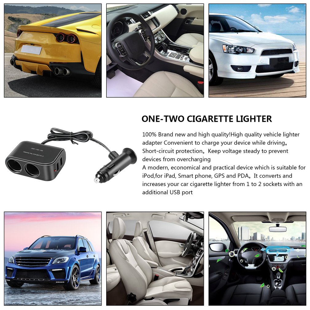 Universal USB 12V/24V 2 Way Cigarette Lighter Socket LED Light Switch Car Splitter Charger Vehicle Cigarette Lighter Adapter