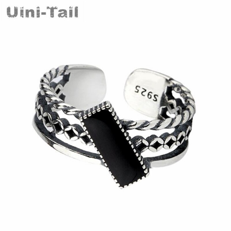 Uini-tail offre spéciale 925 en argent Sterling trois couches torsion anneau ouvert Simple rétro noir époxy rectangulaire bijoux