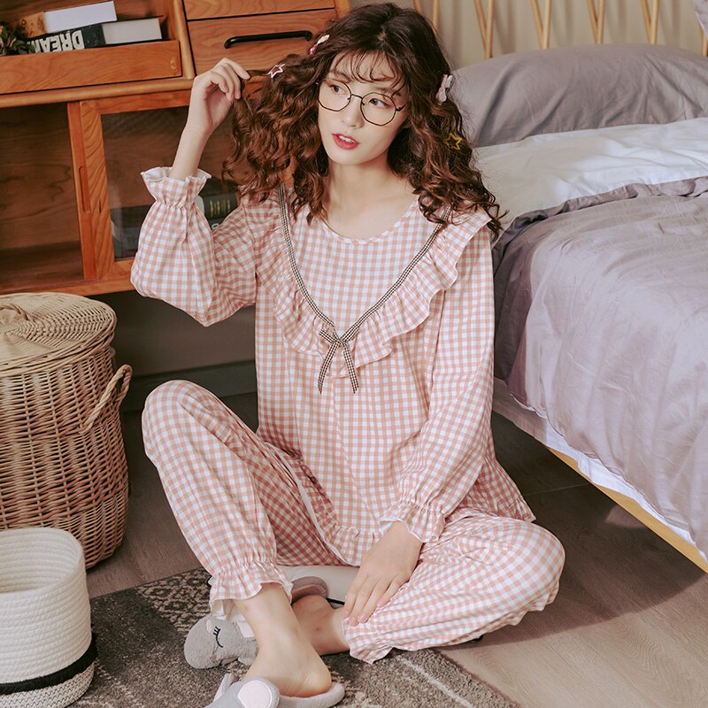 Women Cotton Sleepwear Set Cute Pink Turn-down Collar Pijama Sets Ladies Pyjamas Homewear Women Pajamas Plus Size