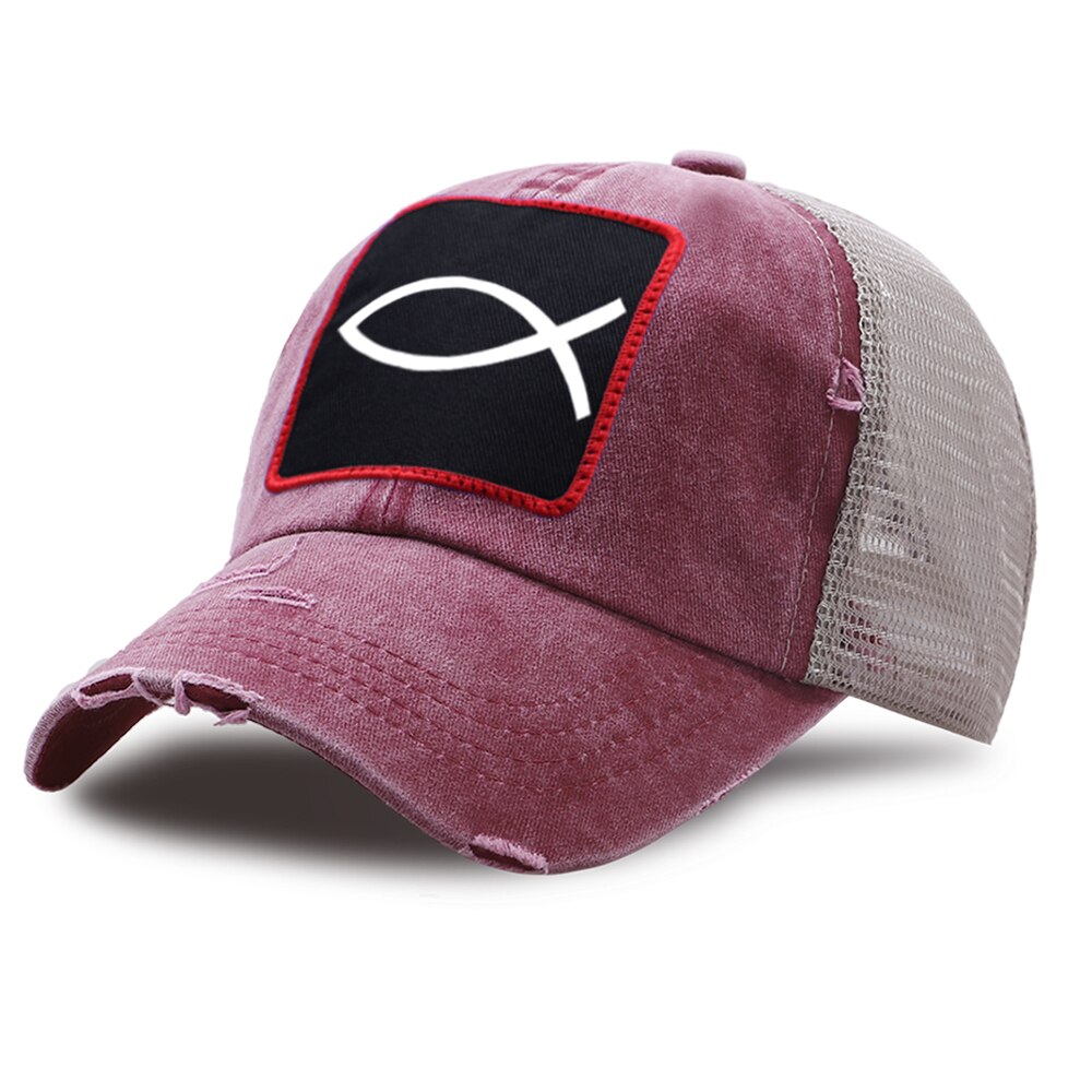 Sombrero de camionero con motivos de pescado Harajuku para hombre y mujer, gorra de béisbol de malla transpirable, de algodón, con cierre trasero, para verano: wine red6