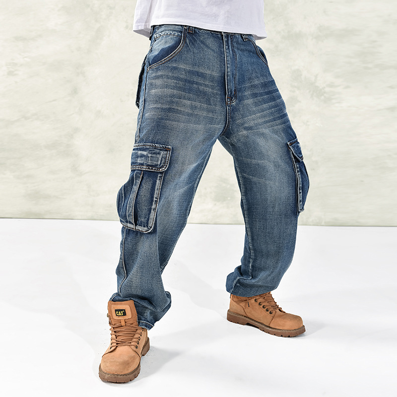 Men Casual Cargo Jeans Pants With Multi Pockets Loose Fit Hip Hop Denim Trousers For Male Baggy Jeans Plus Size 30-46