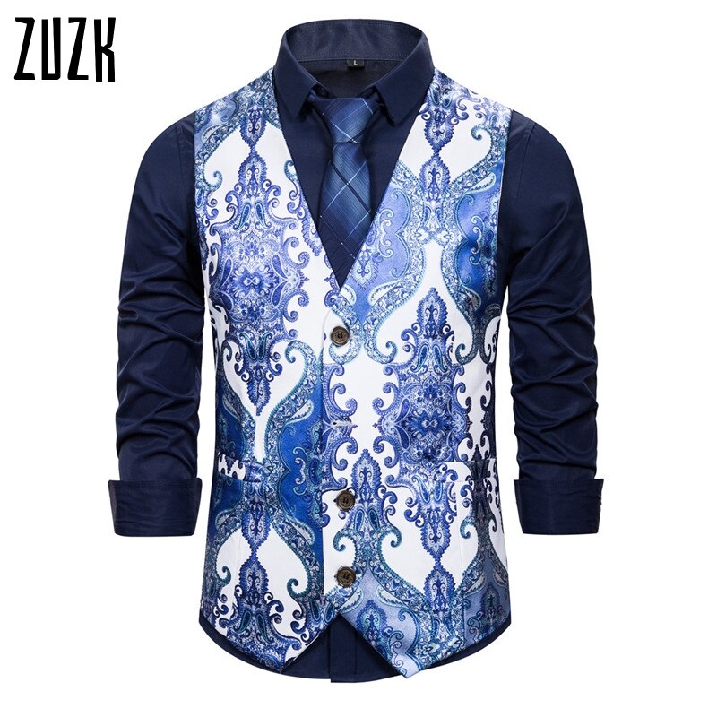 Steampunk Men Suit Waistcoat Luxury Brand Palace Style Floral Print Night Club Prom Slim Wedding Vest