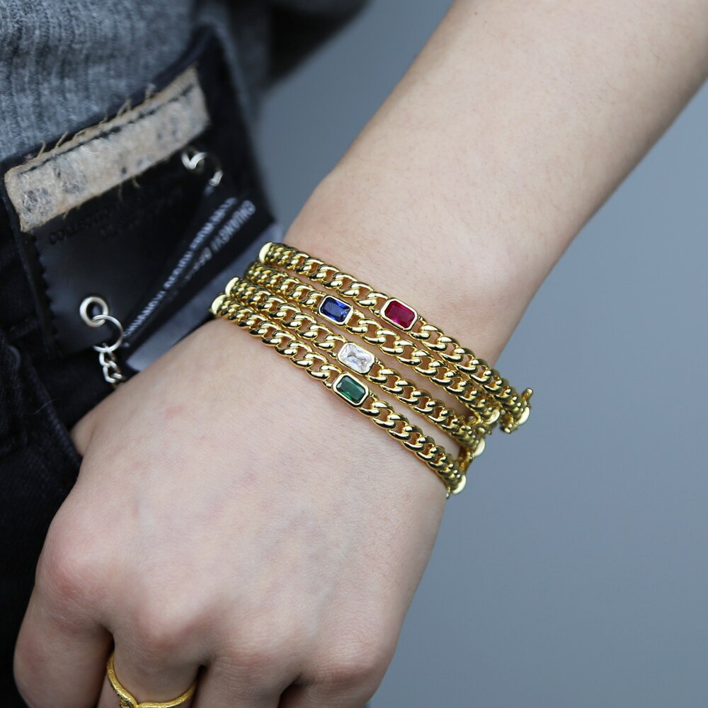 Gold-colored cuban link chain band bangle bracelet with colorful rectangles, czech-style european women's jewelry